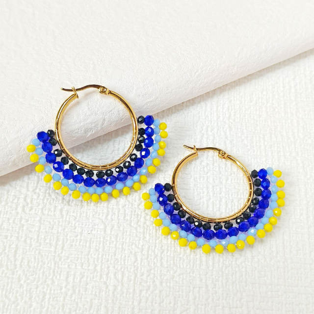 Boho handmade colorful bead fan shape stainless steel hoop earrings