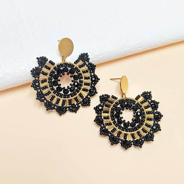 Boho handmade black white beaded flower stainless steel earrings