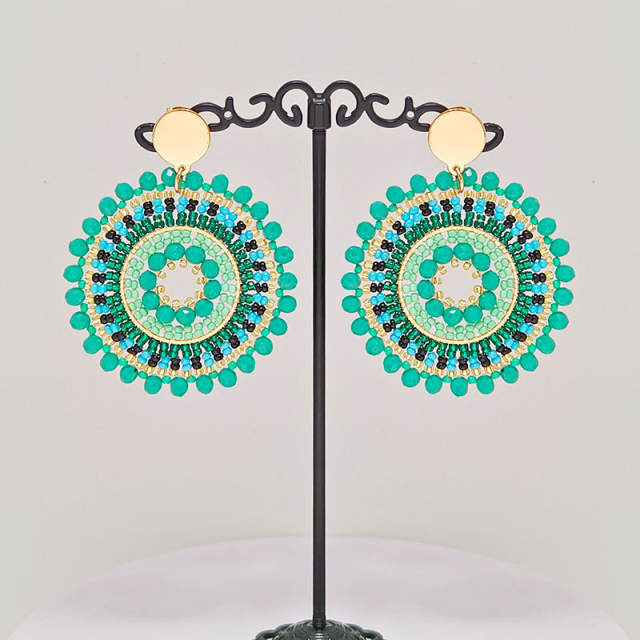 Boho green color bead handmade round shape stainless steel earrings