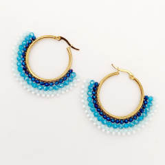 Boho handmade colorful bead fan shape stainless steel hoop earrings