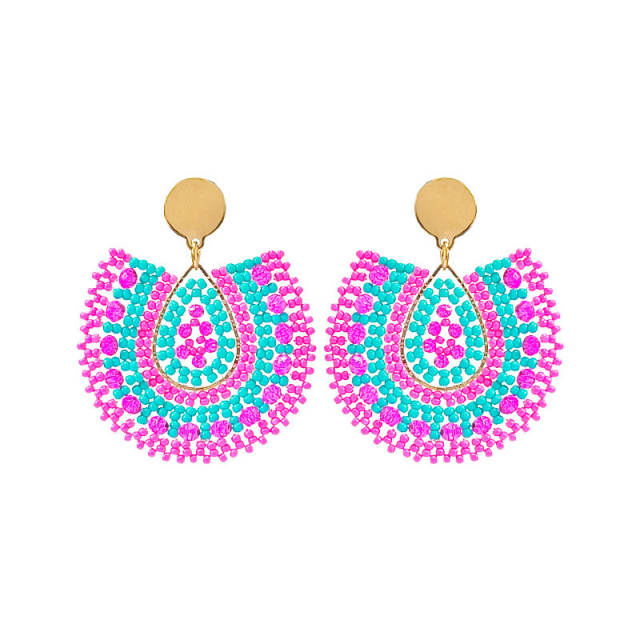 Boho handmade rose red bead drop shape stainless steel earrings