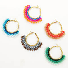 Boho handmade colorful bead fan shape stainless steel hoop earrings