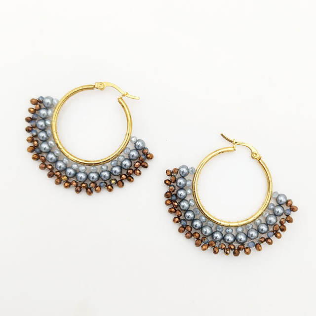 Boho handmade colorful bead fan shape stainless steel hoop earrings
