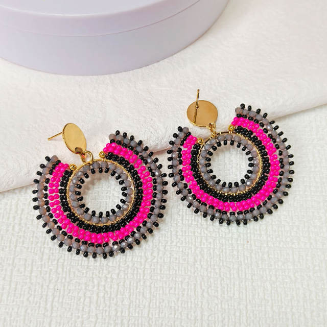 Boho handmade rose red color bead stainless steel earrings