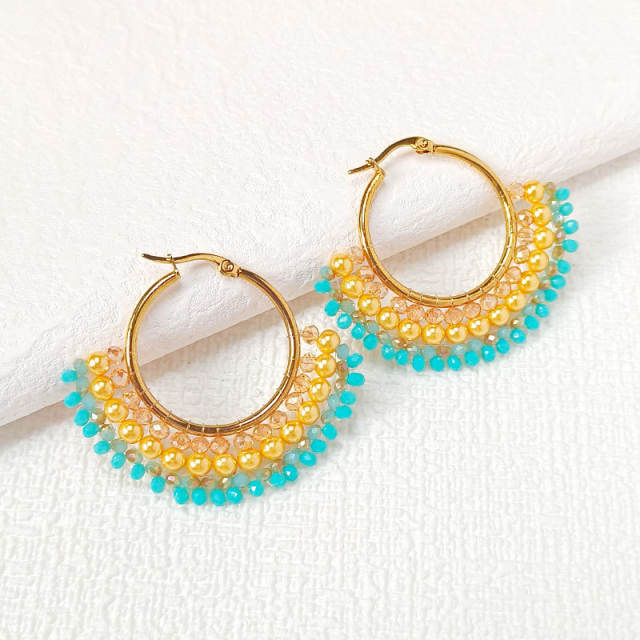 Boho handmade colorful bead fan shape stainless steel hoop earrings