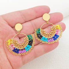 Boho colorful bead fan shape stainless steel earrings