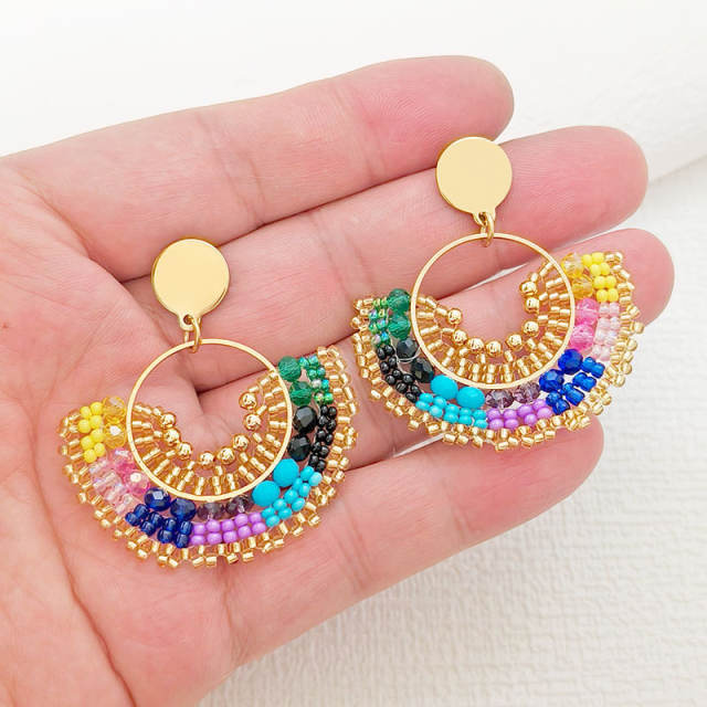 Boho colorful bead fan shape stainless steel earrings
