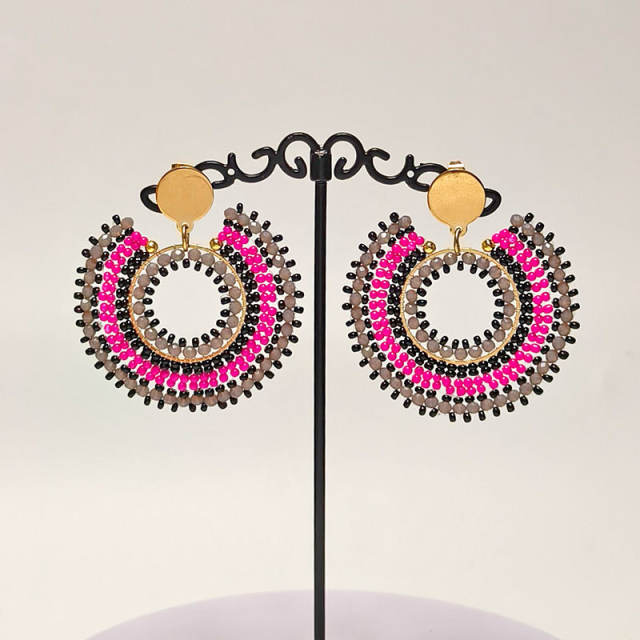 Boho handmade rose red color bead stainless steel earrings