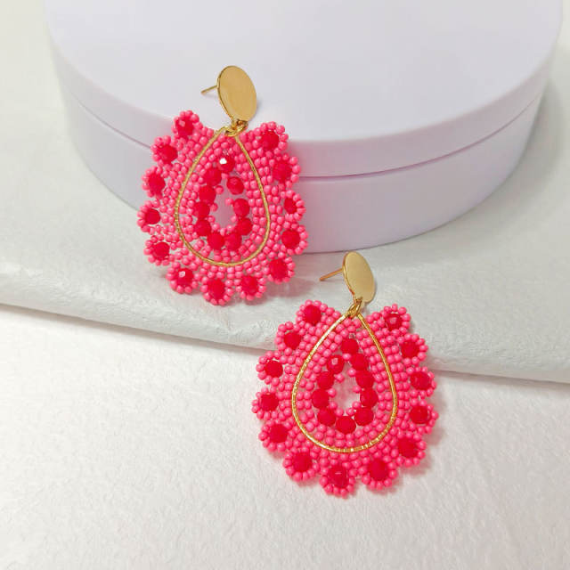 Boho handmade red bead drop shape stainless steel earrings