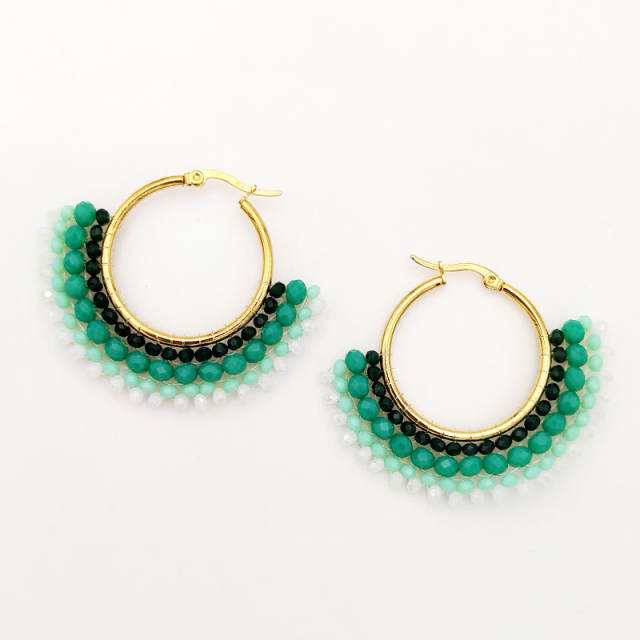 Boho handmade colorful bead fan shape stainless steel hoop earrings