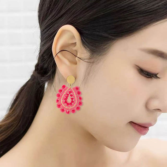 Boho handmade red bead drop shape stainless steel earrings