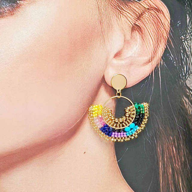 Boho colorful bead fan shape stainless steel earrings