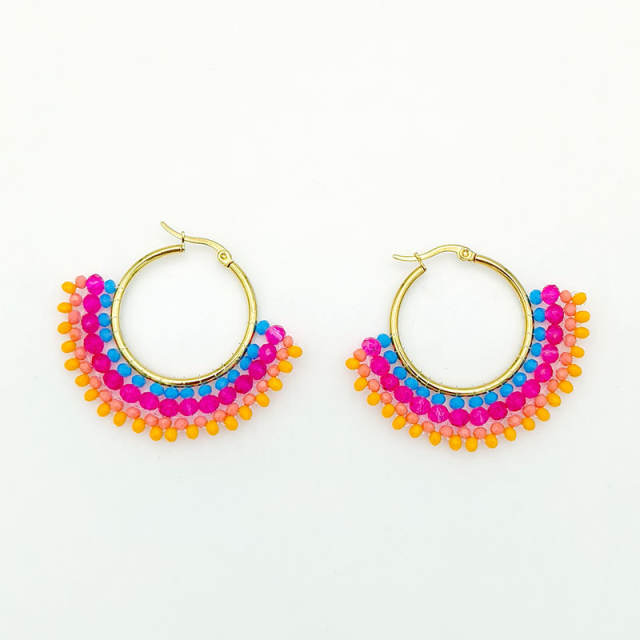Boho handmade colorful bead fan shape stainless steel hoop earrings