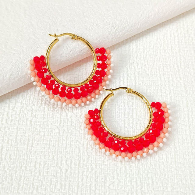 Boho handmade colorful bead fan shape stainless steel hoop earrings