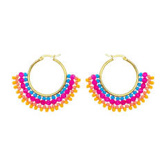 Boho handmade colorful bead fan shape stainless steel hoop earrings