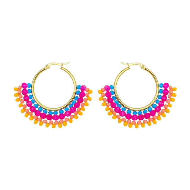 Boho handmade colorful bead fan shape stainless steel hoop earrings