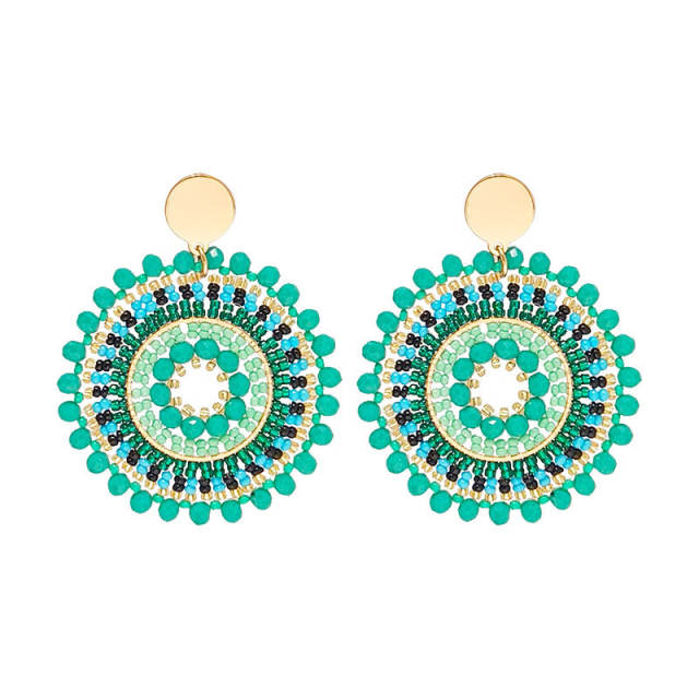 Boho green color bead handmade round shape stainless steel earrings