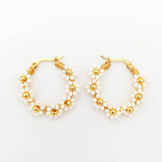 Boho colorful bead flower stainless steel hoop earrings