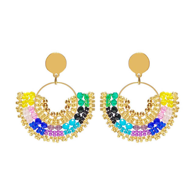 Boho colorful bead fan shape stainless steel earrings