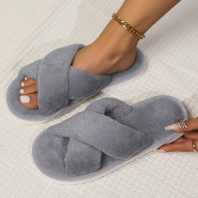 Winter autumn design warm fluffy cross design flat home slippers