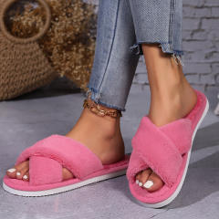 Winter autumn design warm fluffy cross design flat home slippers