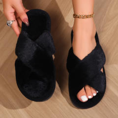 Winter autumn design warm fluffy cross design flat home slippers