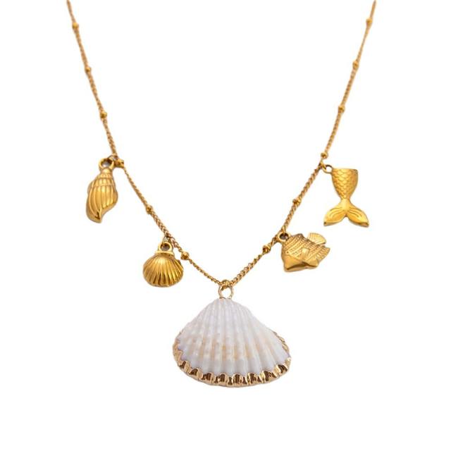Ocean series water pearl shell stainless steel necklace earrings set