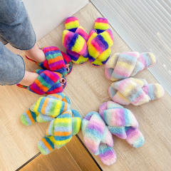 Winter design rainbow color fluffy house slippers