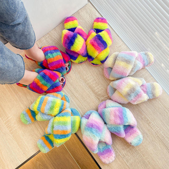 Winter design rainbow color fluffy house slippers