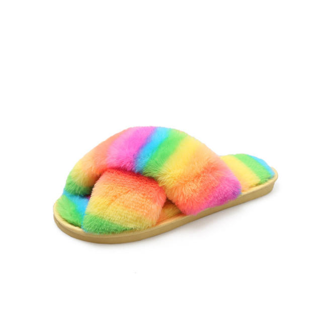 Winter design rainbow color fluffy house slippers