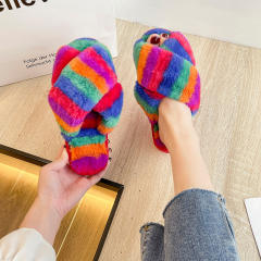 Winter design rainbow color fluffy house slippers