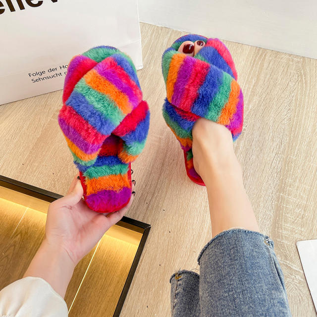 Winter design rainbow color fluffy house slippers