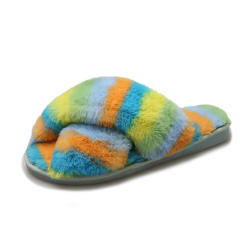 Winter design rainbow color fluffy house slippers