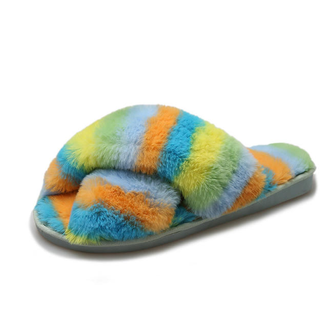 Winter design rainbow color fluffy house slippers