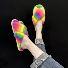Winter design rainbow color fluffy house slippers
