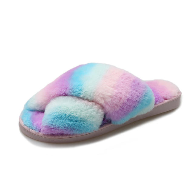 Winter design rainbow color fluffy house slippers