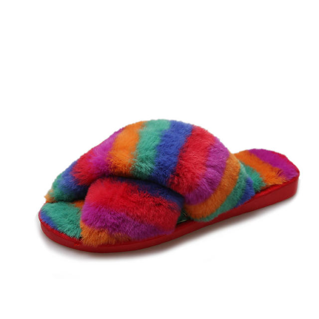 Winter design rainbow color fluffy house slippers