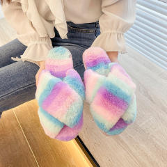 Winter design rainbow color fluffy house slippers