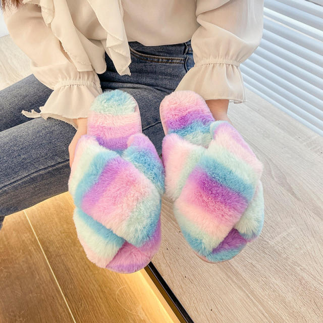 Winter design rainbow color fluffy house slippers