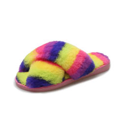 Winter design rainbow color fluffy house slippers