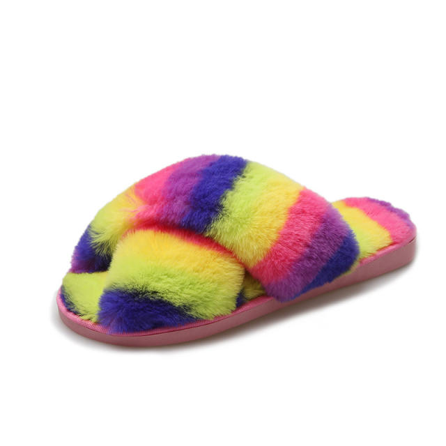 Winter design rainbow color fluffy house slippers