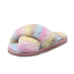 Winter design rainbow color fluffy house slippers
