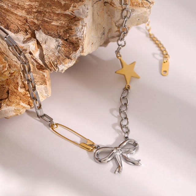 Popular mix color bow pendant stainless steel chain necklace
