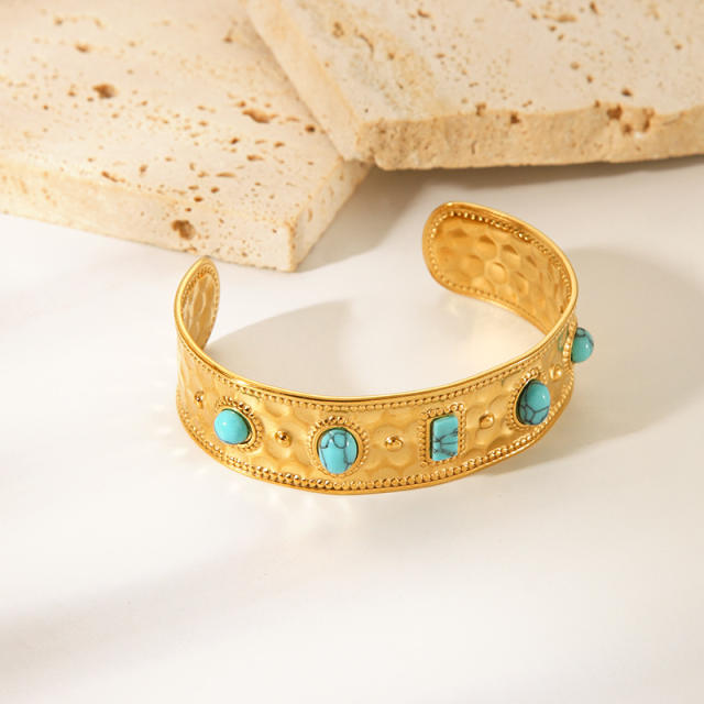 Vintage turquoise stone statement stainless steel cuff bangle