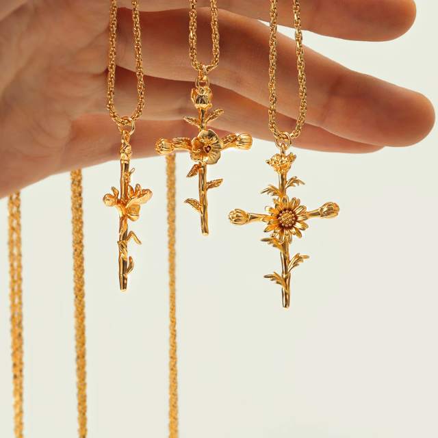 Birth flower cross pendant gold plated copper dainty necklace mother's day gift