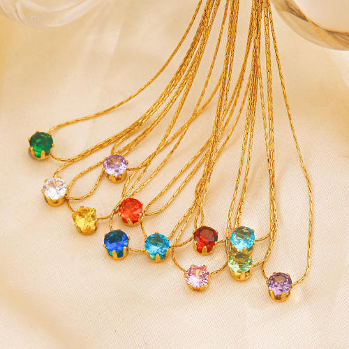 Dainty birthstone stainless steel bezel necklace