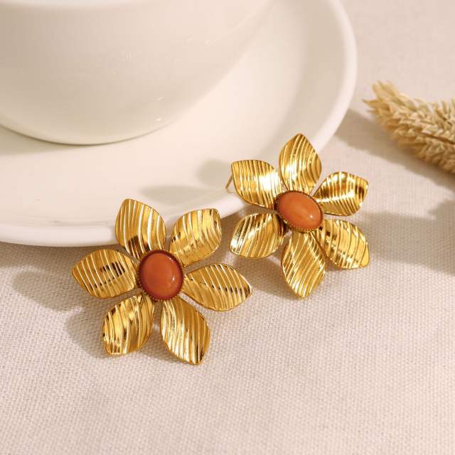 French trend natural stone flower stainless steel earrings