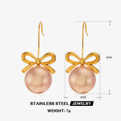 Sweet bow bigger pearl stainless steel earrings