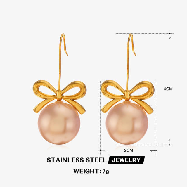 Sweet bow bigger pearl stainless steel earrings