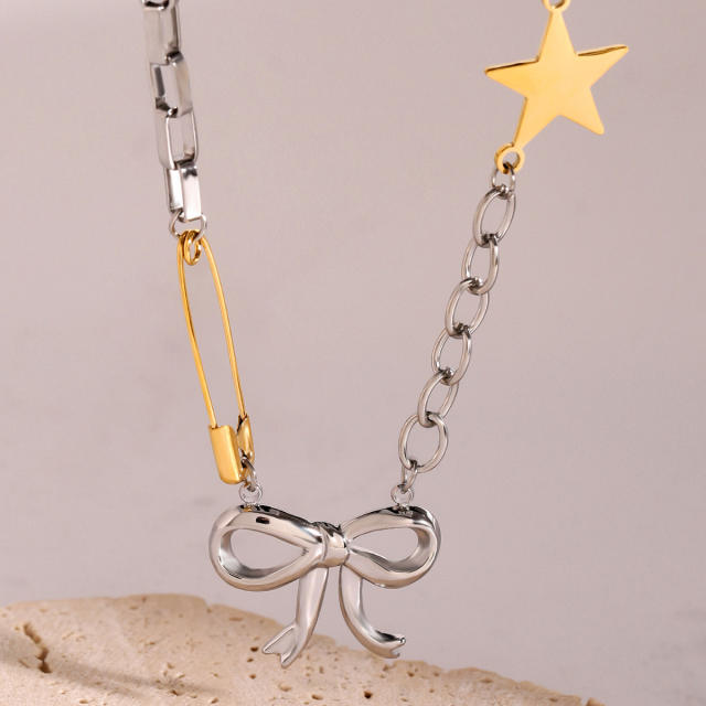 Popular mix color bow pendant stainless steel chain necklace